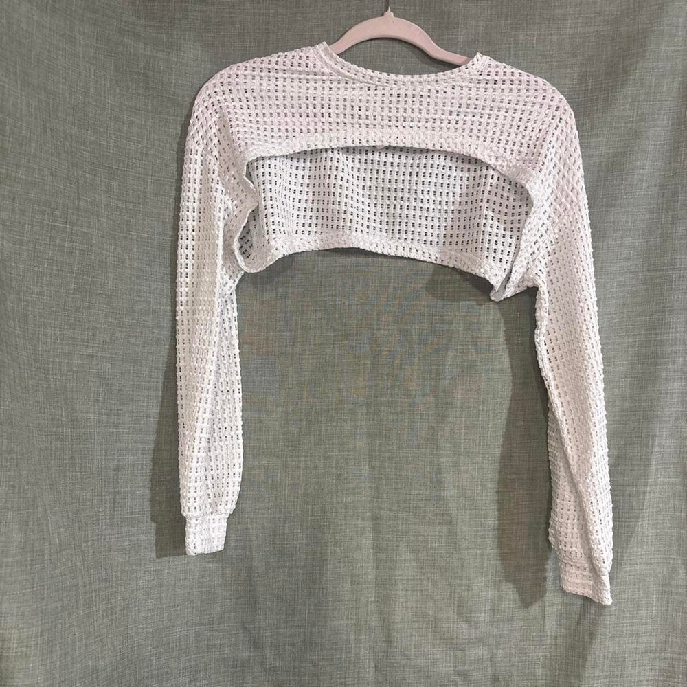 Dazy White Mesh Long Sleeve Crop Top Grid Pattern Sheer Overshirt Womens Small